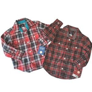 New Boys 2T Carters Plaid Button Down Shirt 2 pc Lot Cotton Long Sleeve Western